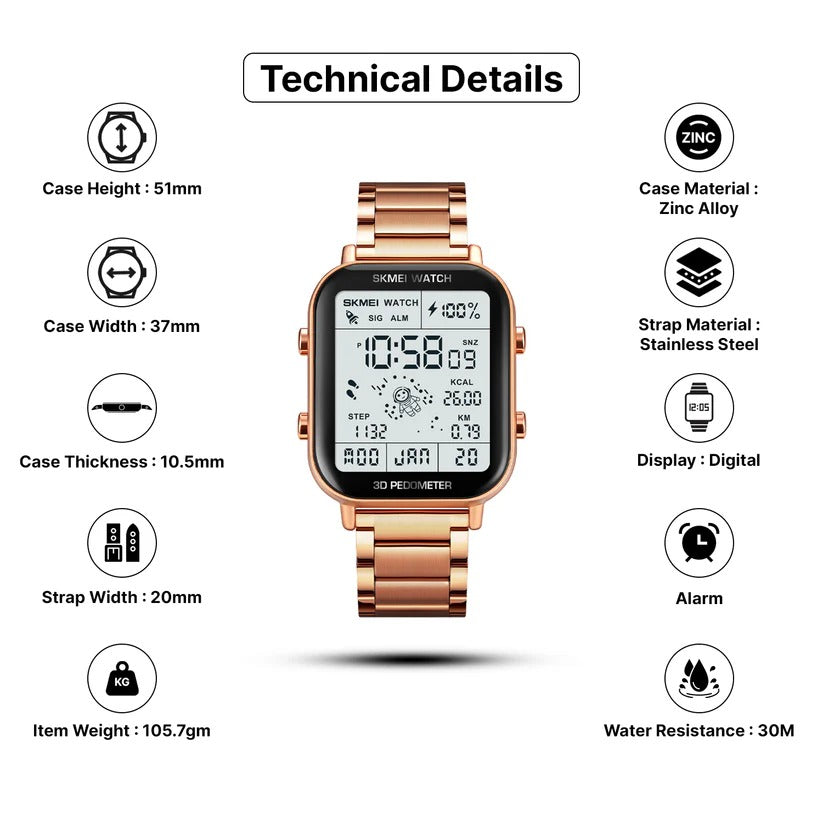 Skmei - 1888 - Digital Dial Step Count Pedometer Stainless Steel Watch - Rosegold image 5