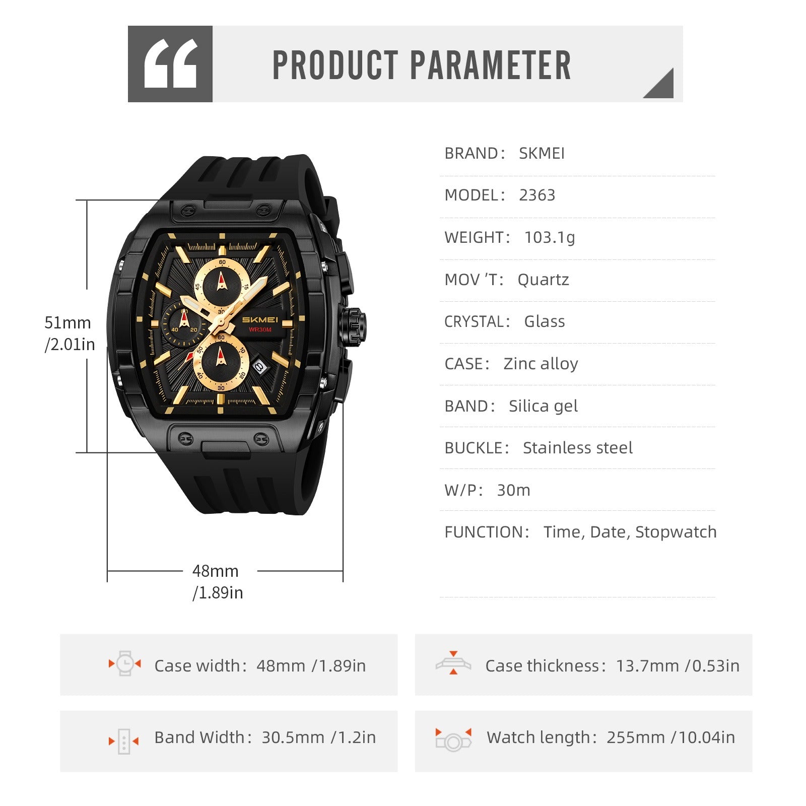 SKMEI - 2363 - High Quality Luxury Watch - Black/Gold image 5