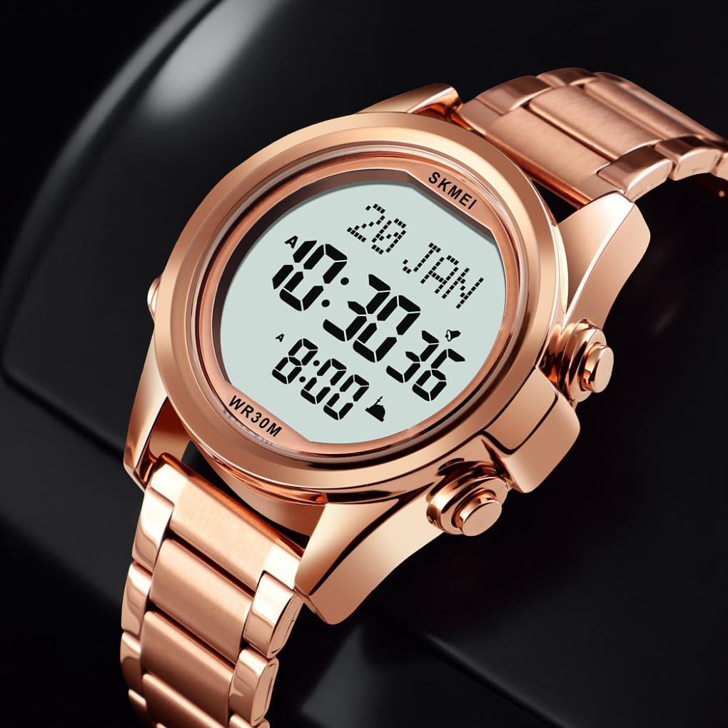 SKMEI - 1667 - Qibla Azan Time Reminder Prayer Watch - Rose gold/white image 1