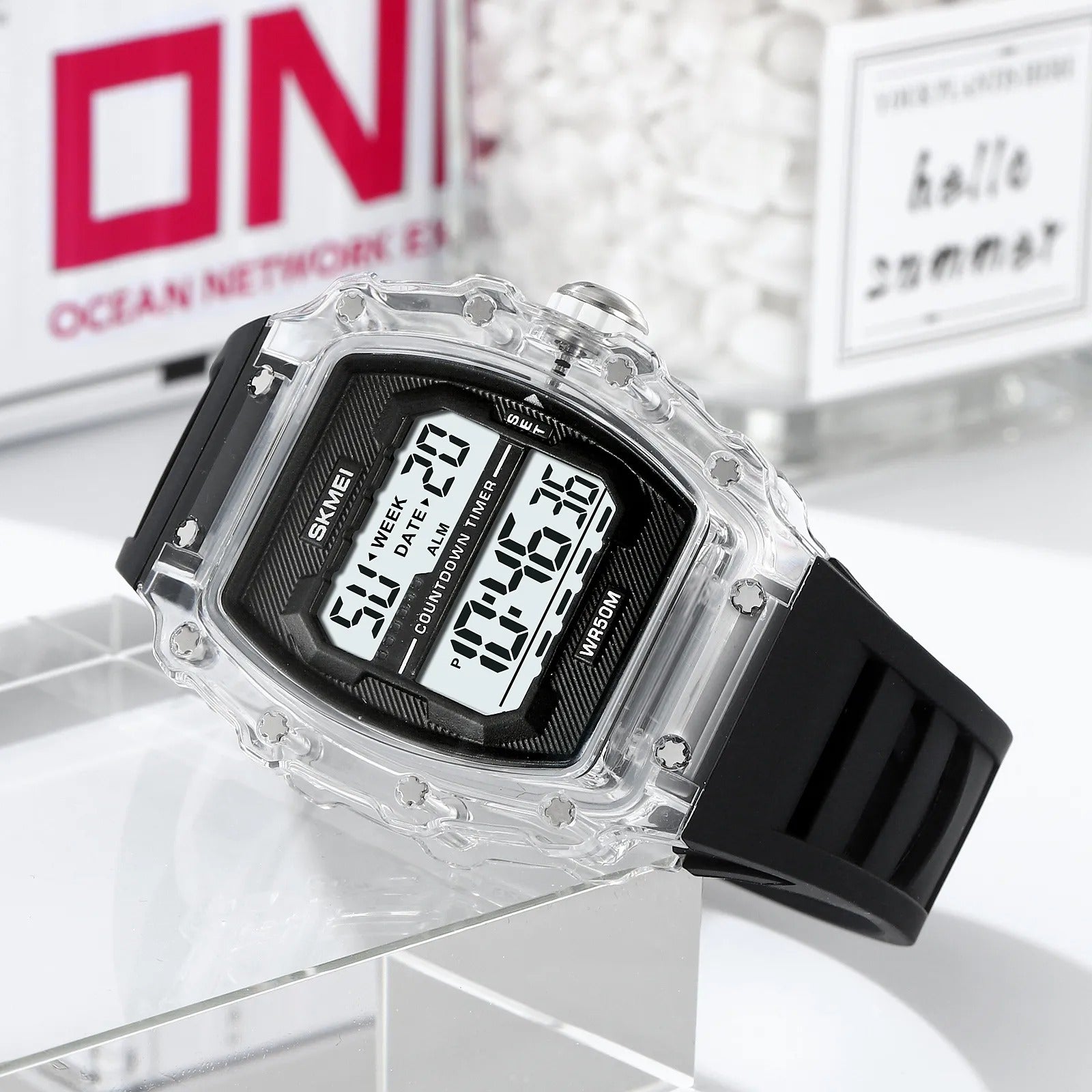 SKMEI 2296 Digital Sports Countdown Timer Watch - white/transparent/black image 2