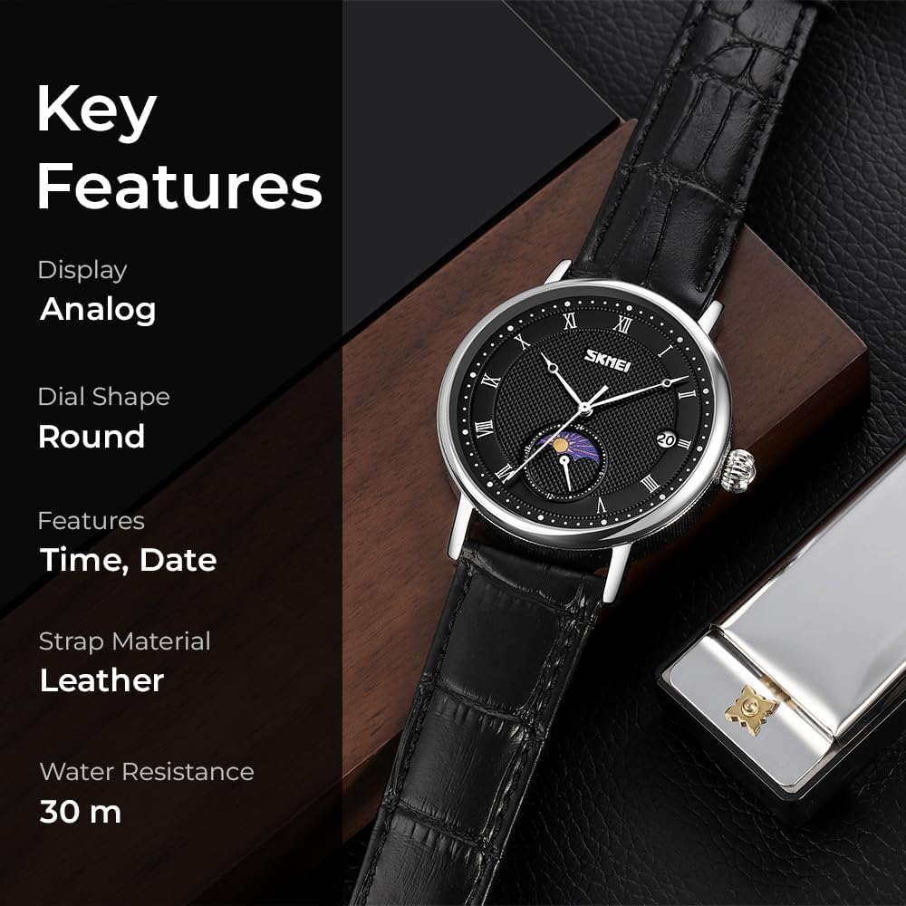 SKMEI 9308 Moon Phase Roman Leather Watch - black/black image 3