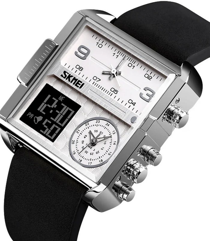 Skmei - 1584(strap) - Sports Quartz Waterproof Tiple time - Silver/Black-Leather image 1