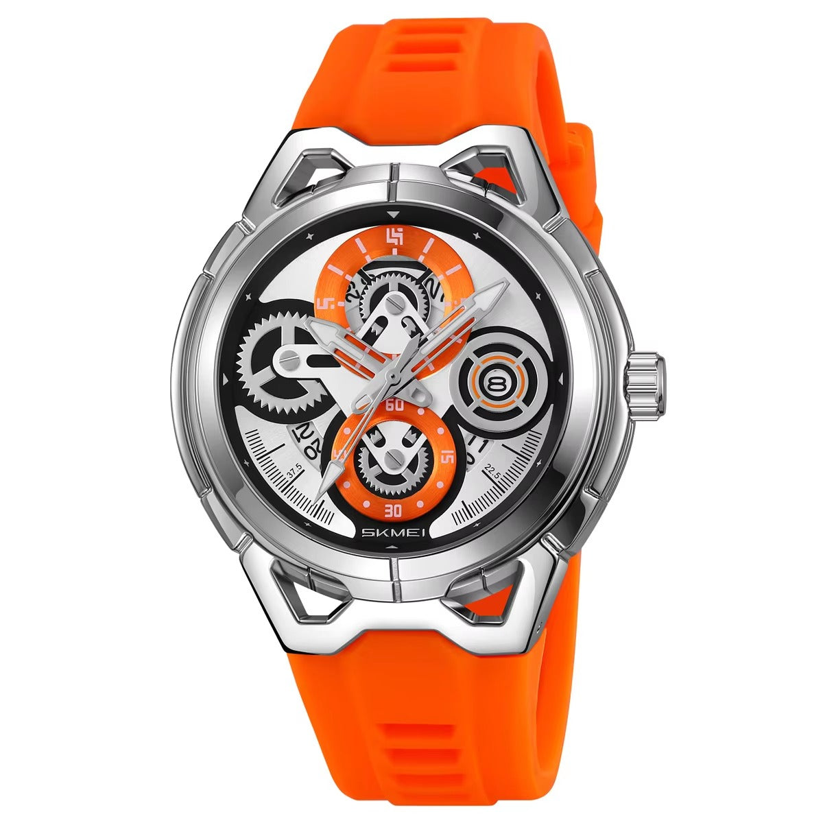 SKMEI - 9349 - Silicone Quartz Luxury Watch - Silver/Orange image 4