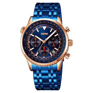 SKMEI 9333 Analog Chronograph Stainless Steel Watch - RoseGold/Blue image 1