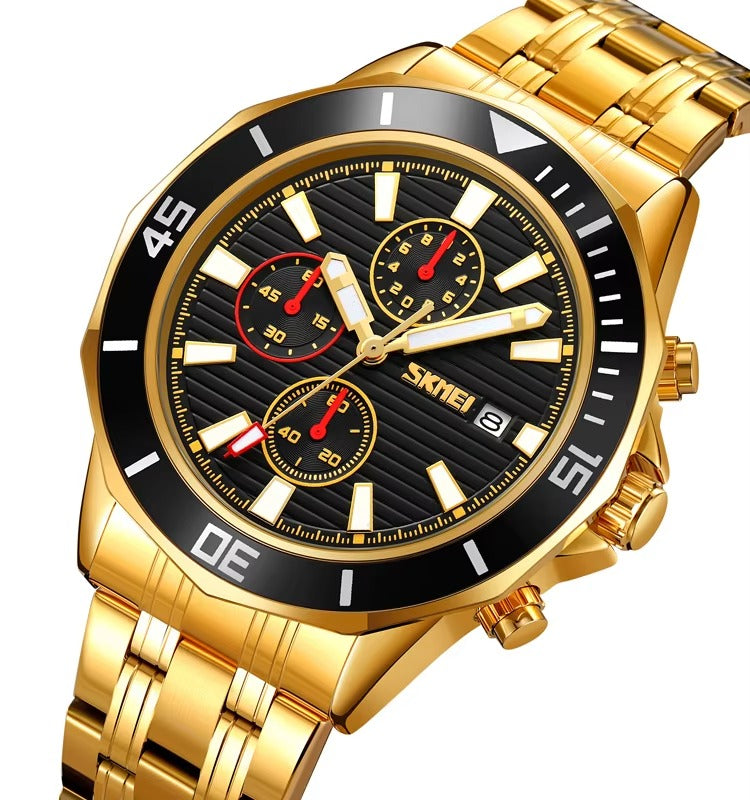 SKMEI - 9335 - Luxury Quartz Chronograph Stainless Steel Watch - gold/black image 1