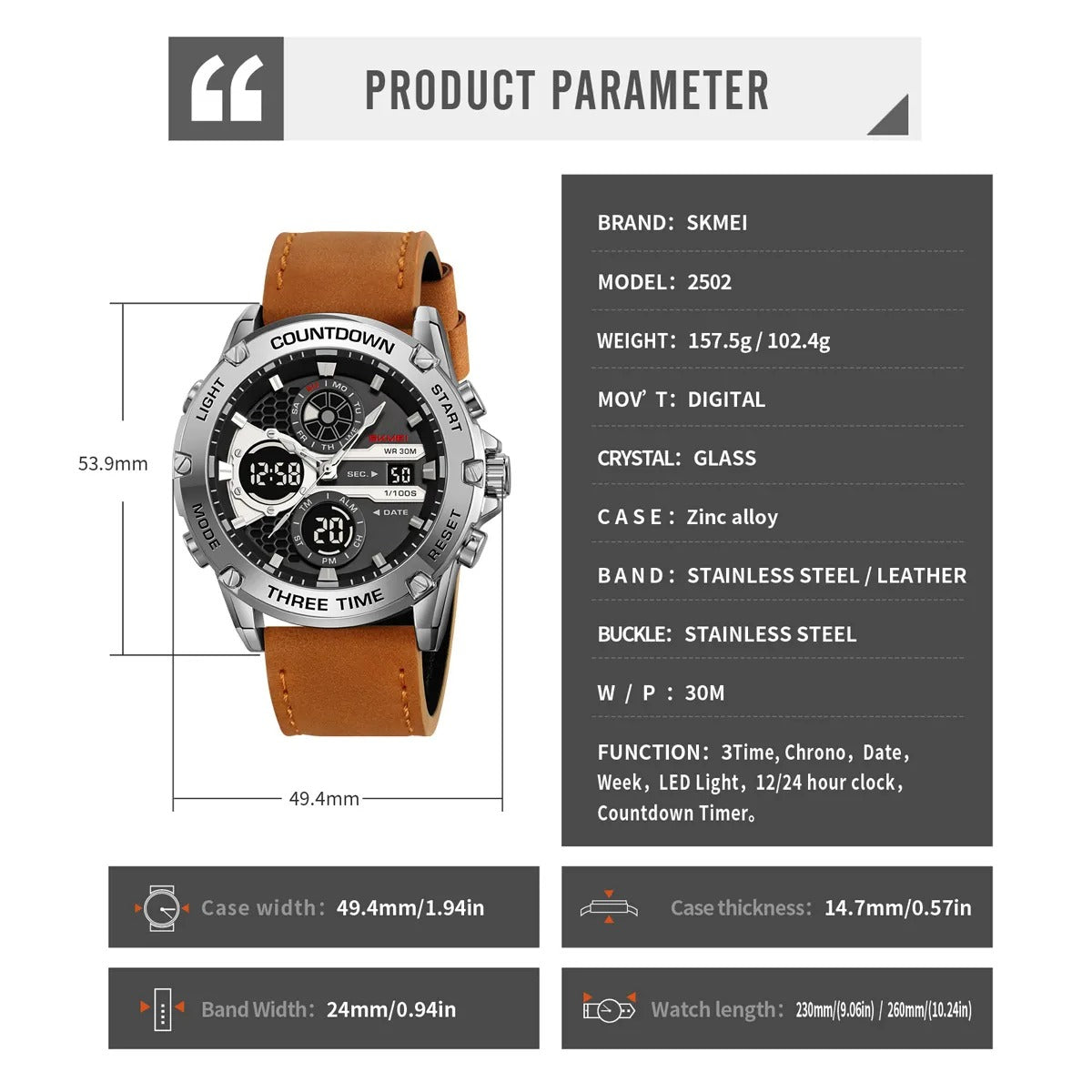Skmei – 2502 – Heavy Duty Sports Watch – Silver/Brown-Leather image 3
