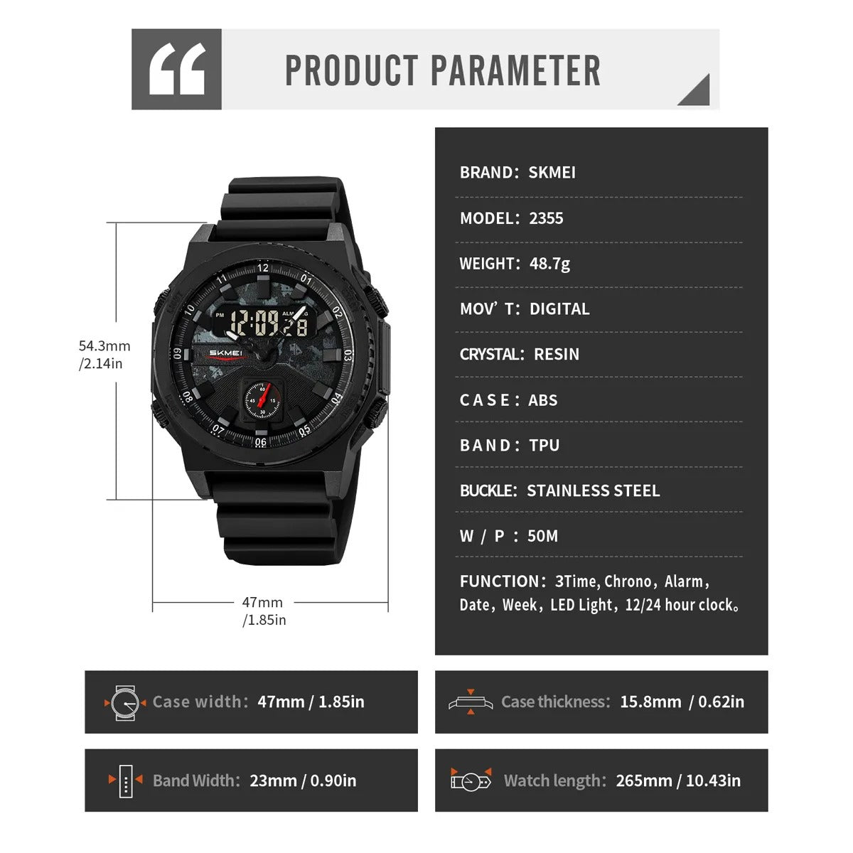 SKMEI - 2355 - Tactical Sports Digital Watch - Black image 6