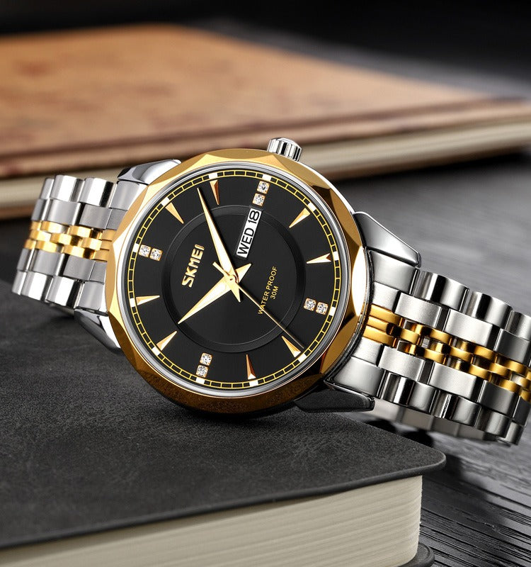 SKMEI - 9268 - Quartz Stainless Steel Luxury Analog Watch - silver/gold-black image 1