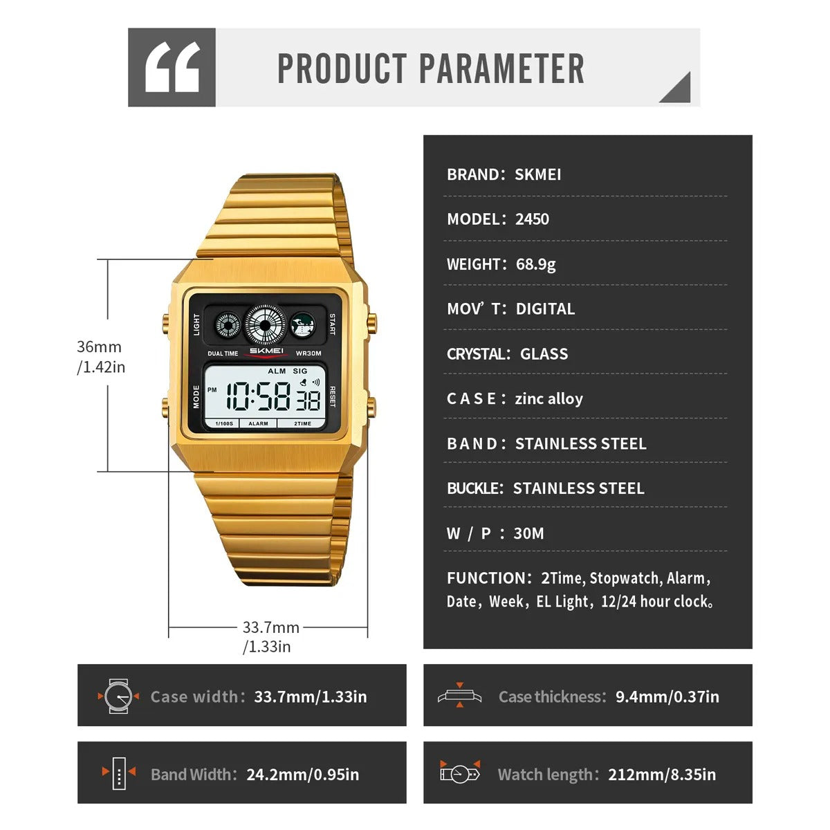 SKMEI - 2450 - Classic Retro Digital Watch - Gold image 4