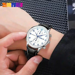 Skmei - 9301 - Classic Leather Chronograph Watch - Silver/Silver/Blue image 2