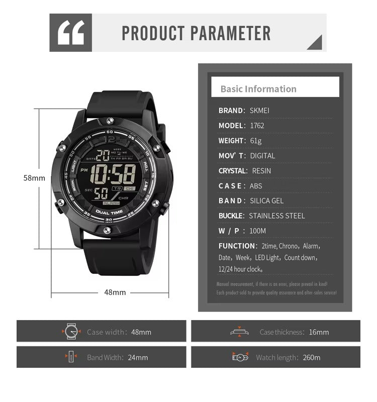 SKMEI - 1762 - Digital LED Military Sport Watch - Black image 4