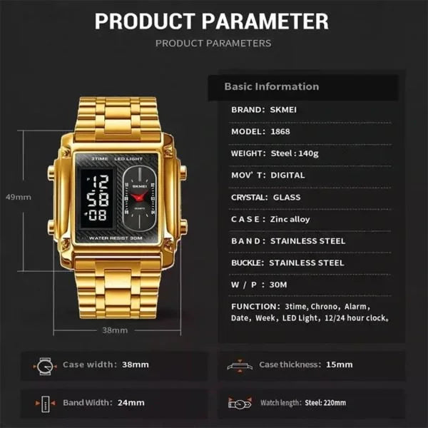 Skmei - 1868 (Chain) - Digital LED Luminous Waterproof - Golden-Steel image 3