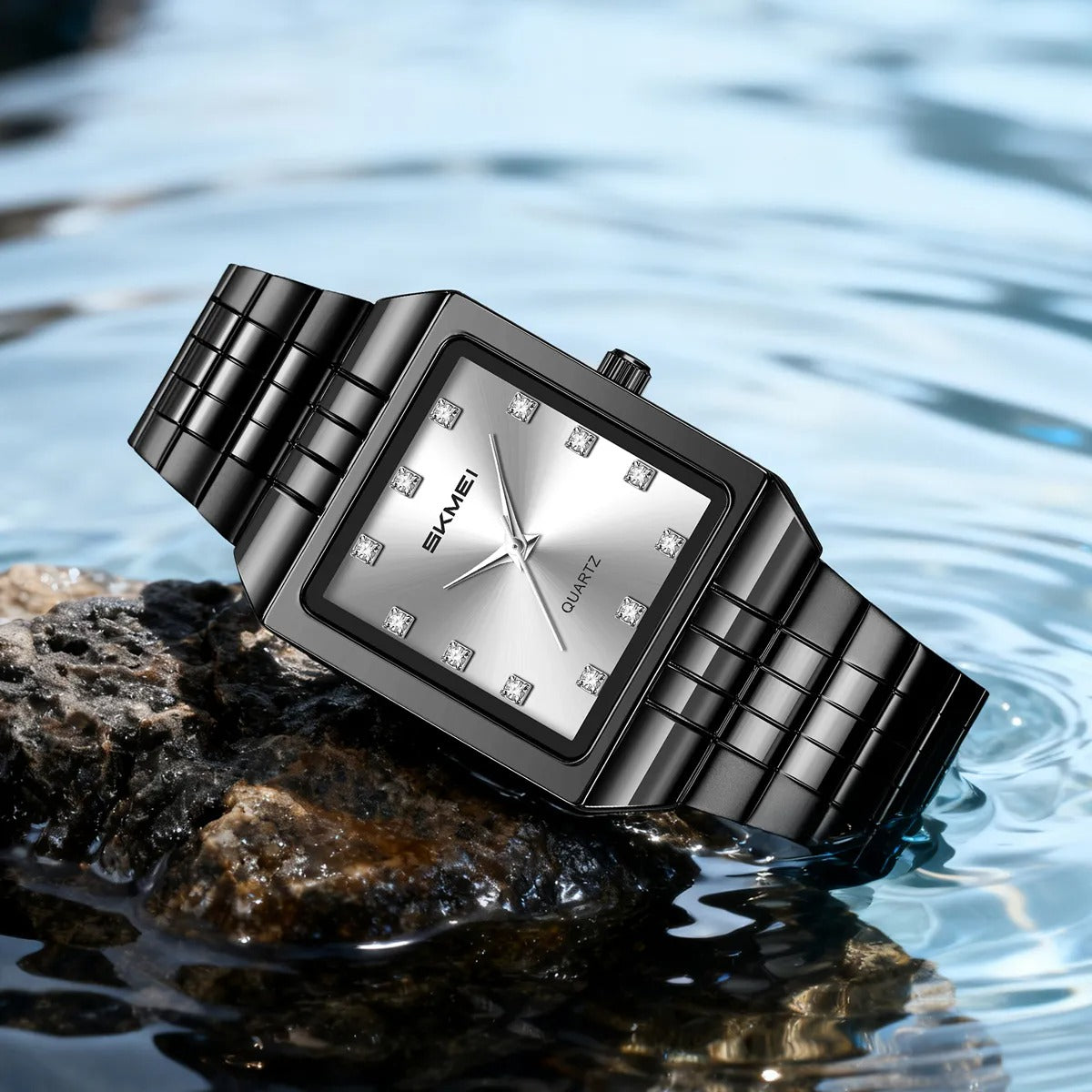 SKMEI 2619 Square Analog Diamond Dial Watch - black/silver image 3