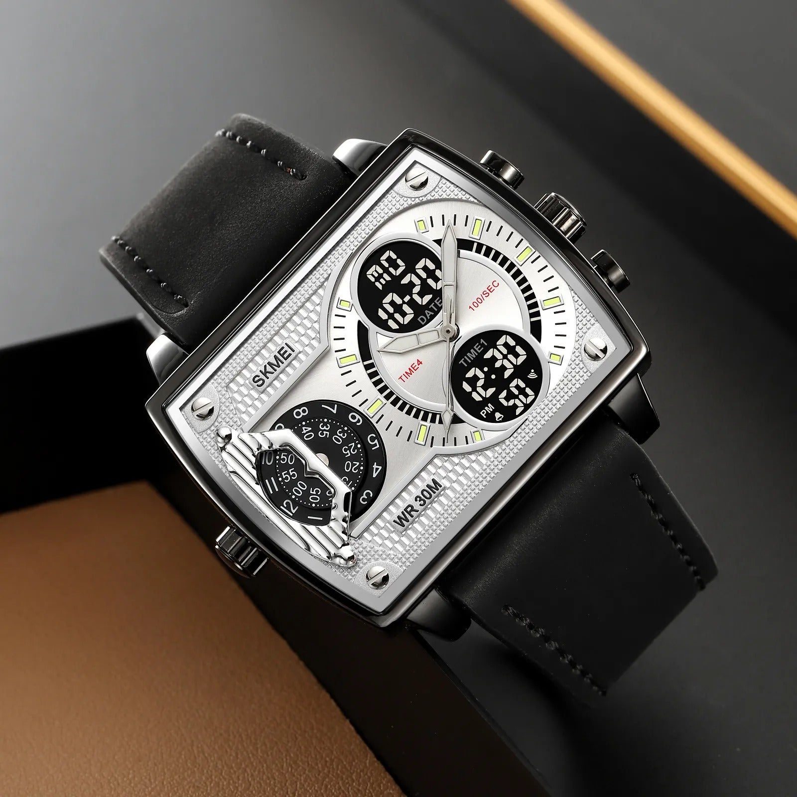 SKMEI 2229 Multi-Zone Analog Digital Sports Watch - black/silver/leather image 1