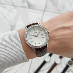 Skmei - 9298 - Leather Strap Casual Analog Quartz Watch - Silver/Silver-Brown image 3