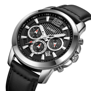 SKMEI - 1989 - Chronograph High Quality Leather Watch - Silver/Black image 2