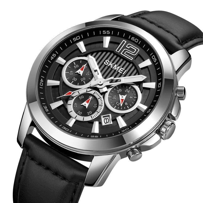 SKMEI - 1989 - Chronograph High Quality Leather Watch - Silver/Black image 2