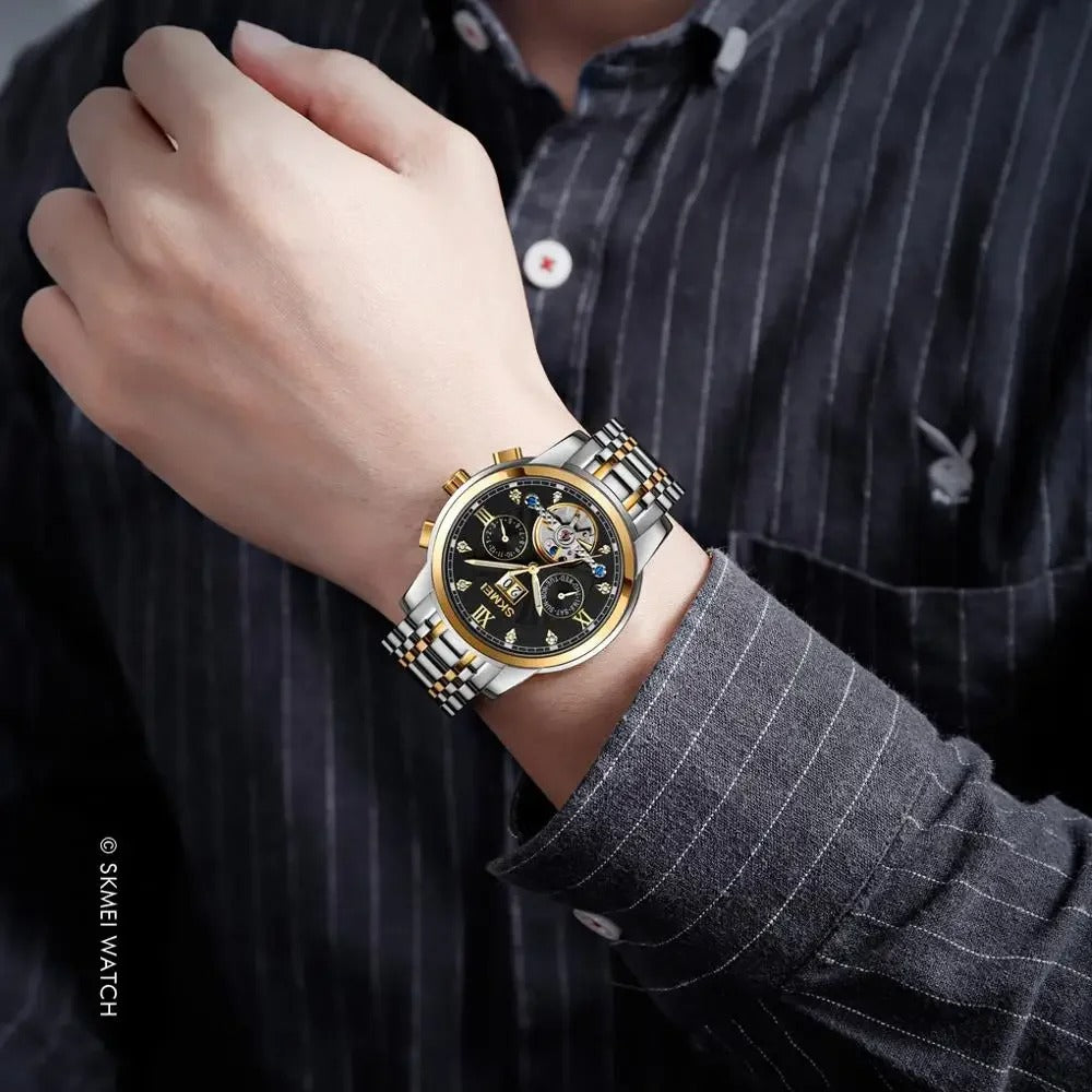SKMEI - M029 - Automatic Movement Skeleton Watch - gold/silver black image 4