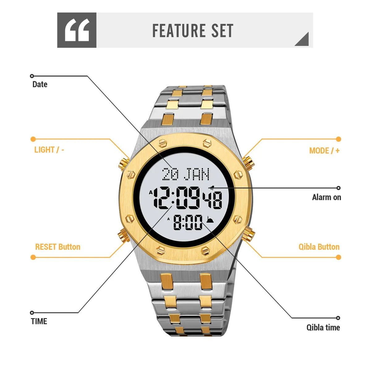 SKMEI - 2043 - Qibla Azan Time Reminder Prayer Watch - silver/gold-white image 5