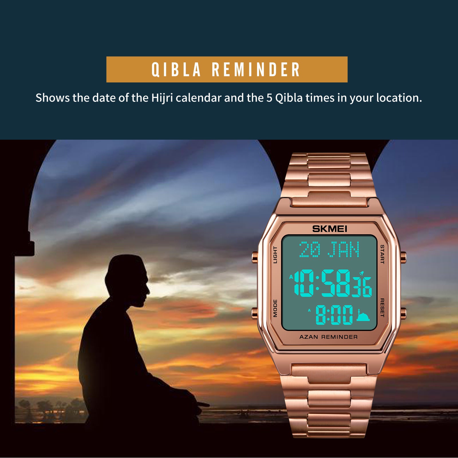 SKMEI - 1763 - Qibla Azan Time Reminder Prayer Watch - rose gold/black image 3