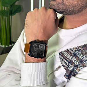 Skmei - 1584 - Sports Quartz Waterproof Tiple time - Black/Brown-Leather image 3
