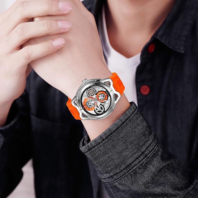 SKMEI - 9349 - Silicone Quartz Luxury Watch - Silver/Orange image 2