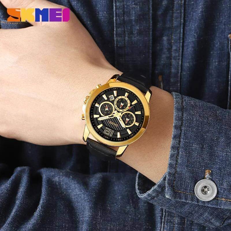 SKMEI - 1989 - Chronograph High Quality Leather Watch - Gold/Black image 4