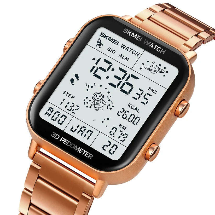 Skmei - 1888 - Digital Dial Step Count Pedometer Stainless Steel Watch - Rosegold image 3