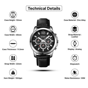 SKMEI - 1989 - Chronograph High Quality Leather Watch - Silver/Black image 1
