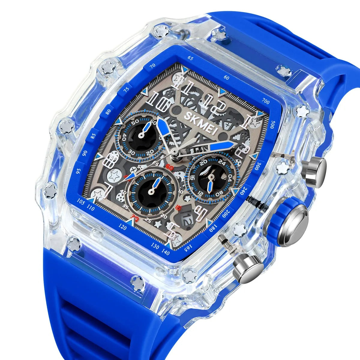 SKMEI 2305 Tonneau Skeleton Dial Chronograph Watch - white/transparent/blue image 0