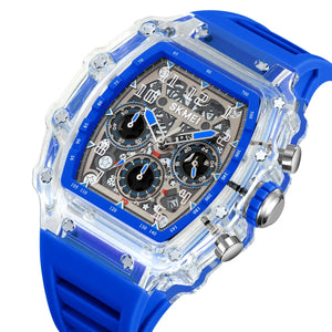 SKMEI 2305 Tonneau Skeleton Dial Chronograph Watch - white/transparent/blue image 0