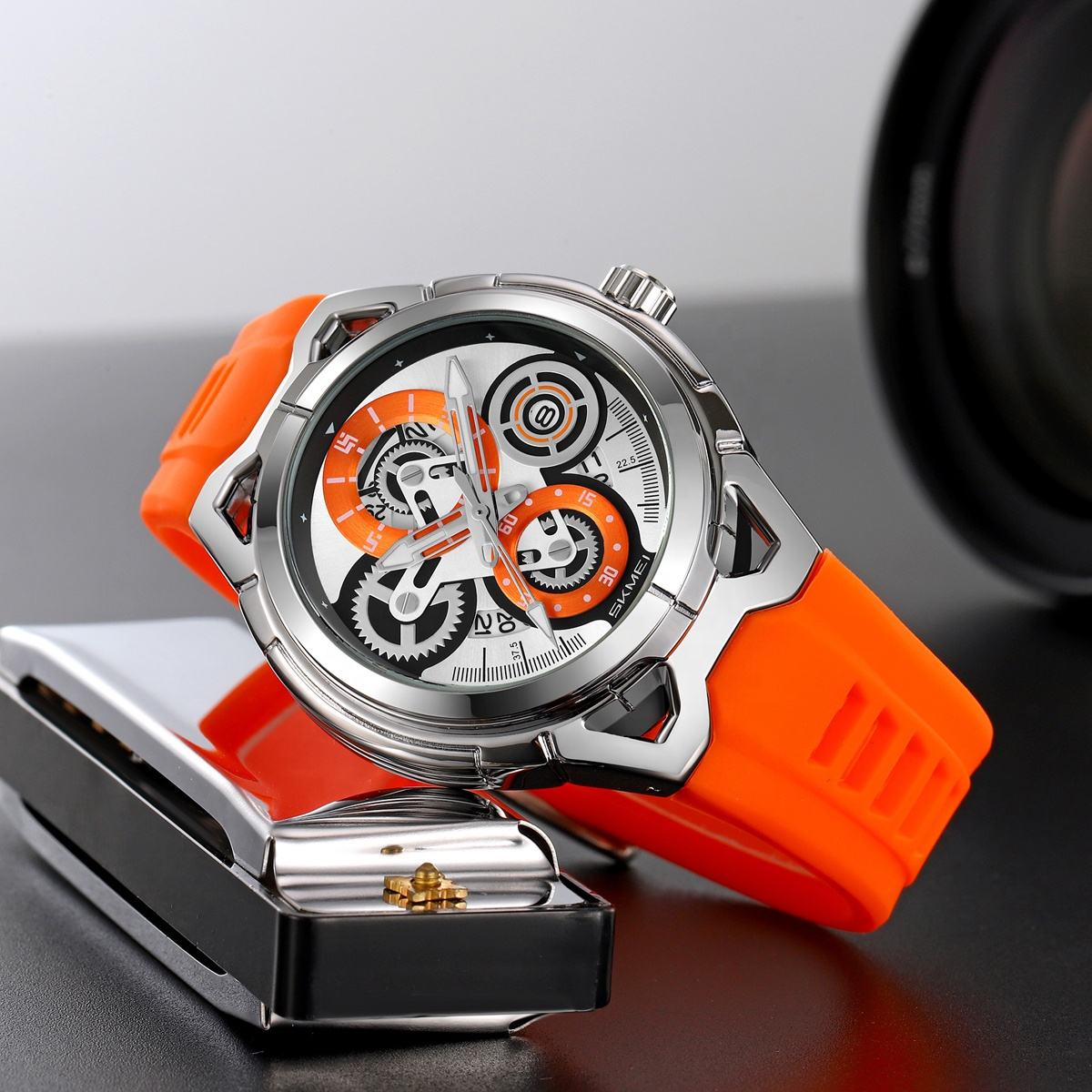 SKMEI - 9349 - Silicone Quartz Luxury Watch - Silver/Orange image 1