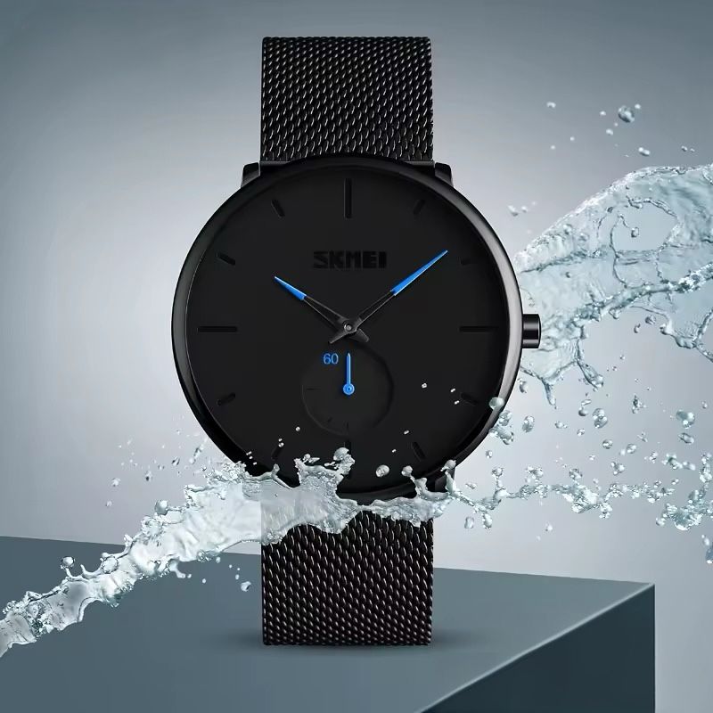 SKMEI - 9185 - Ultra Minimal Black Mesh Wristwatch - blue image 0