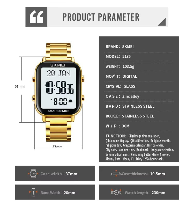 SKMEI - 2135 - Qibla Azan Time Reminder Prayer Watch - gold image 7