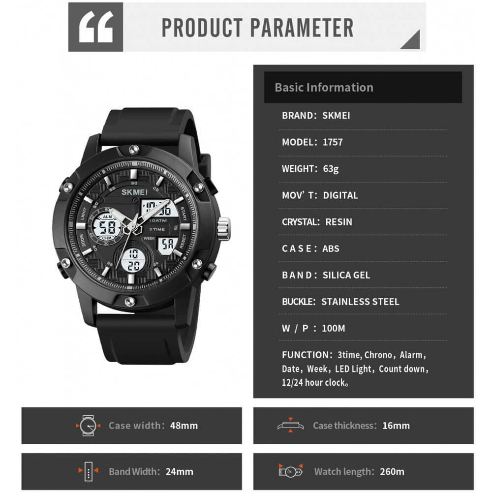 SKMEI - 1757 - Analog Digital Waterproof Quartz Movement Watch - black/white image 3