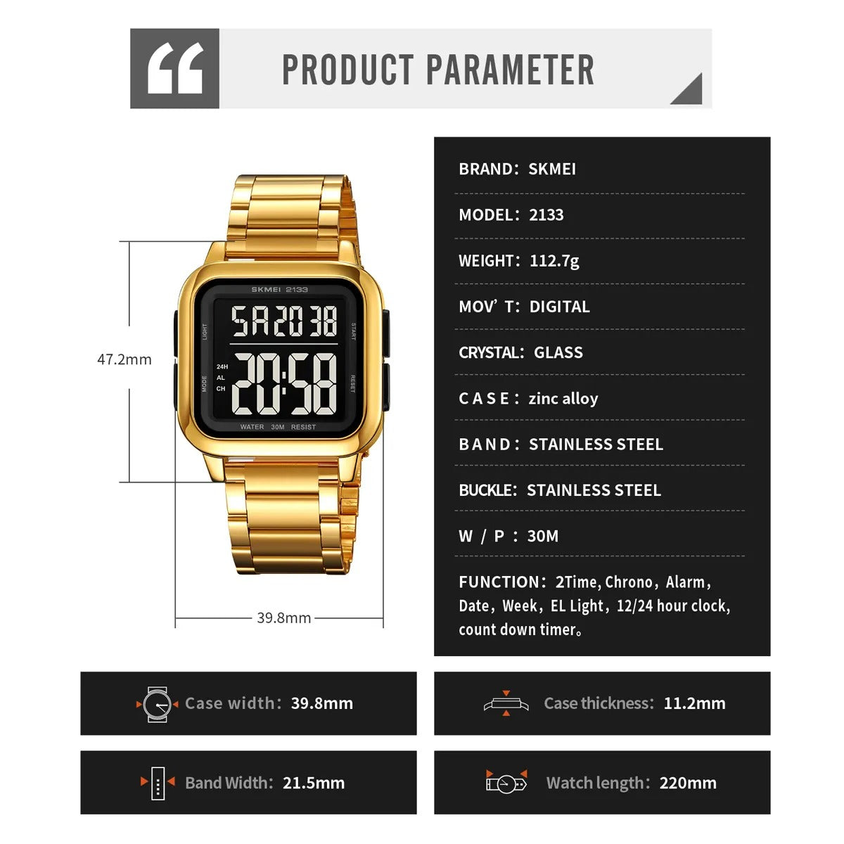 SKMEI 2133 Square Digital Stainless Steel Sports Watch - gold image 3