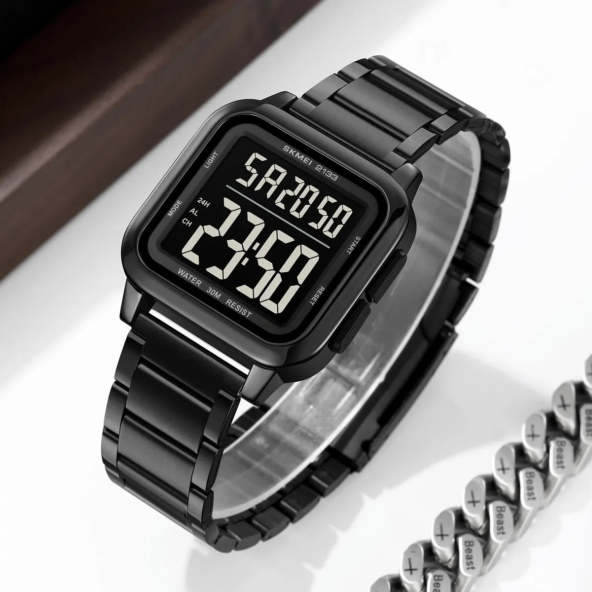 SKMEI 2133 Square Digital Stainless Steel Sports Watch - black image 1