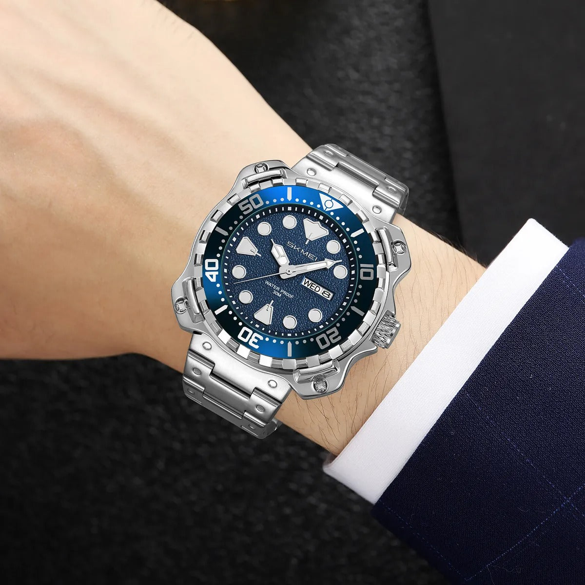 Skmei – 9385 – Luxury Stainless Steel Watch – Silver/Blue image 2