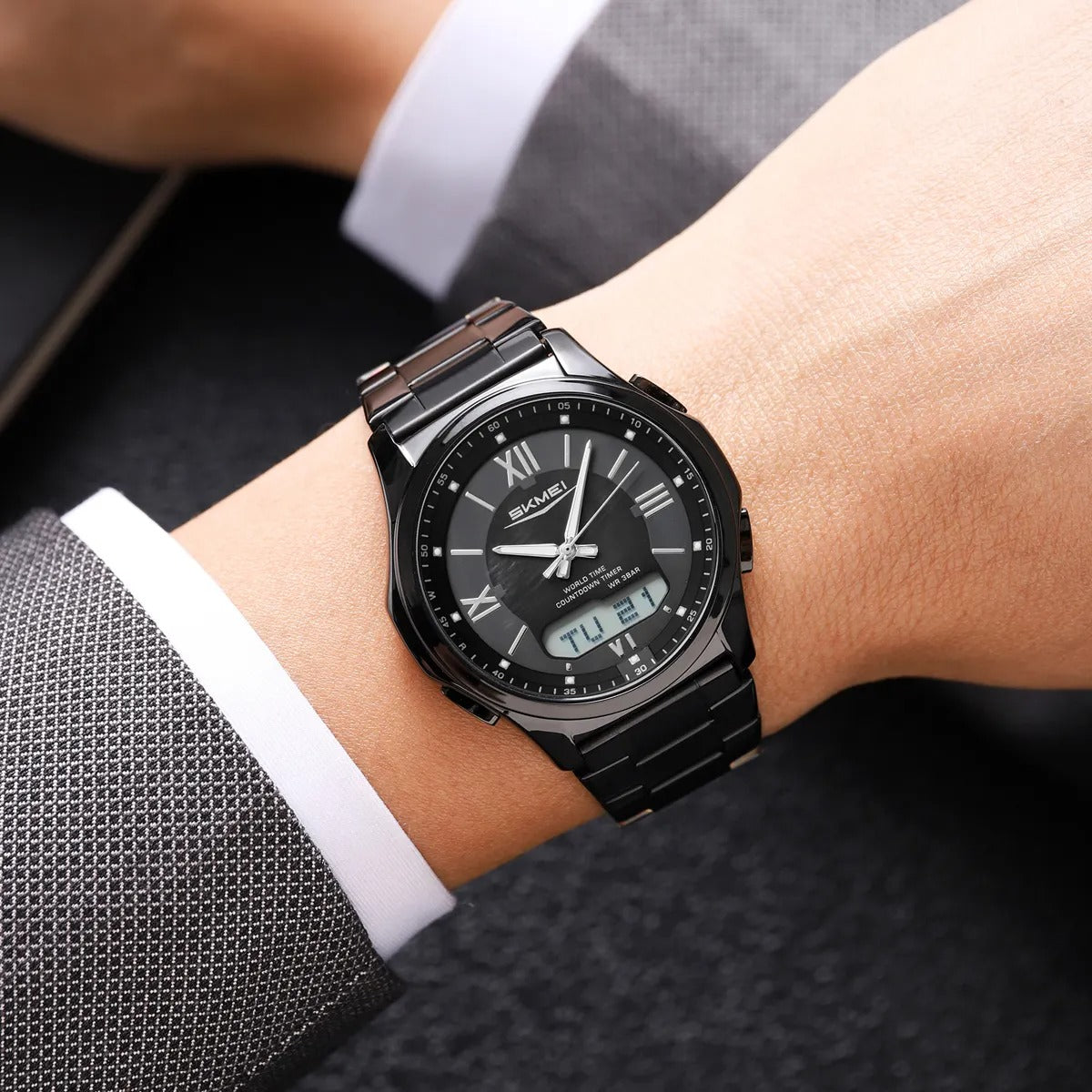 SKMEI 2459 Analog Digital World Time Sports Watch - black/black image 3