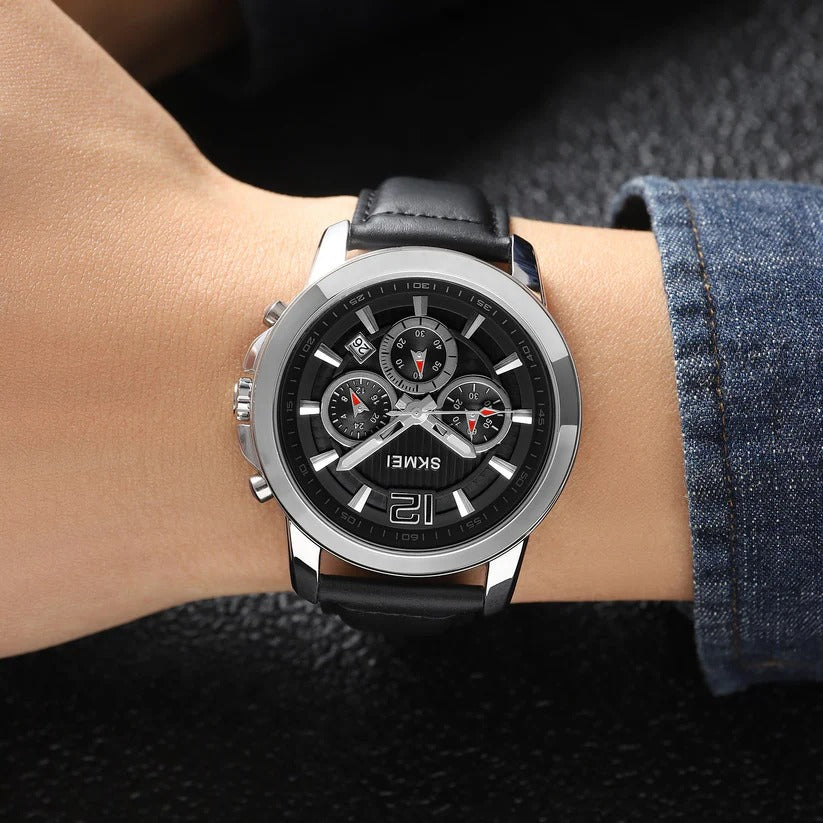 SKMEI - 1989 - Chronograph High Quality Leather Watch - Silver/Black image 3