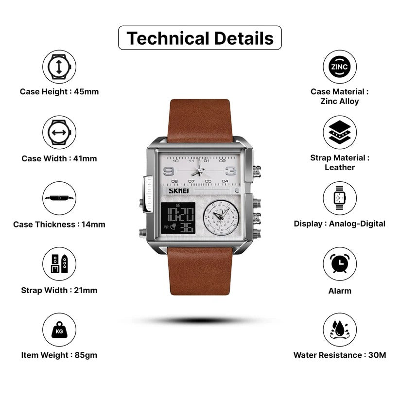Skmei - 1584 - Sports Quartz Waterproof Tiple time - Silver/Brown-Leather image 3