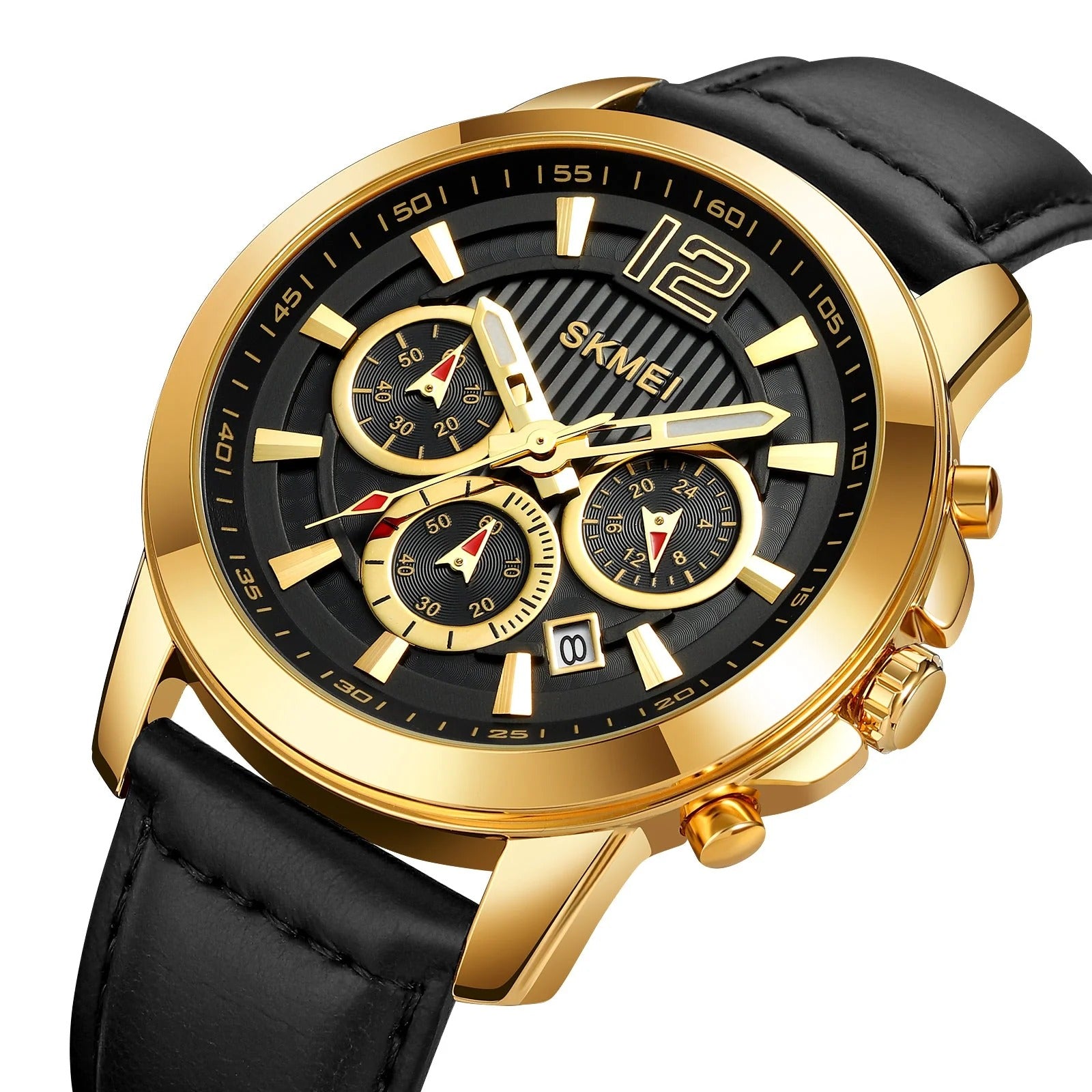 SKMEI - 1989 - Chronograph High Quality Leather Watch - Gold/Black image 1