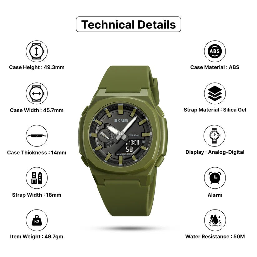Skmei - 2091 - Digital Analog World Time Watch - ArmyGreen/Black image 4