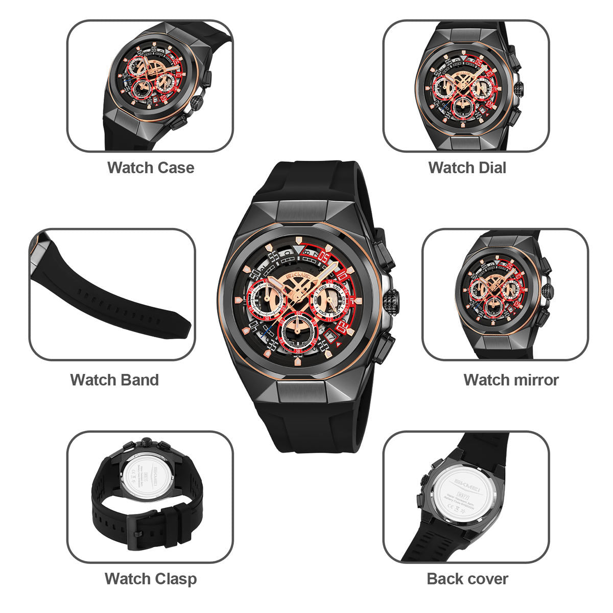 SKMEI - 9377 - Sporty Multi-Function Quartz Watch - black/black-red image 3