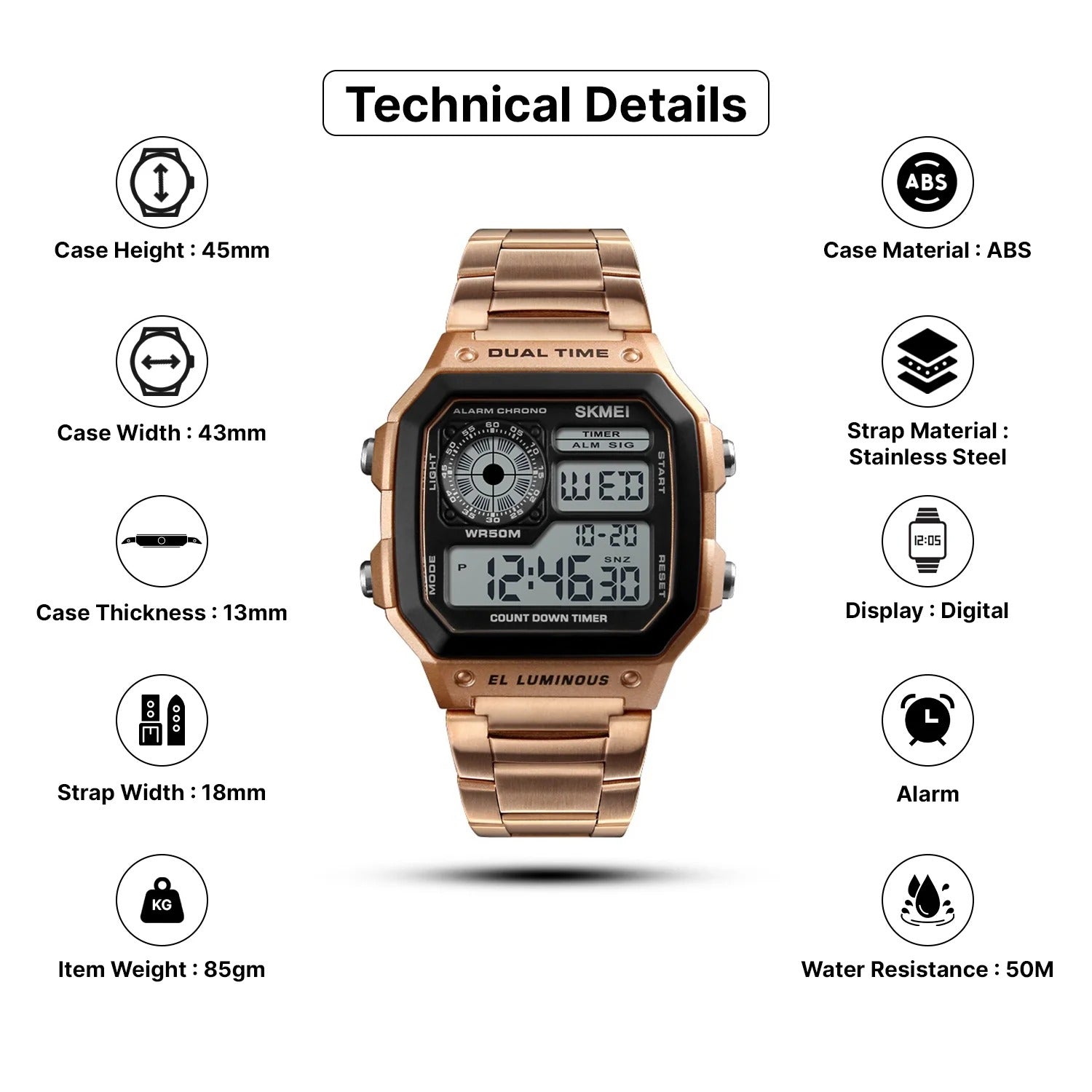 Skmei - 1335 - Digital Sports Countdown Waterproof Watch - RoseGold image 4