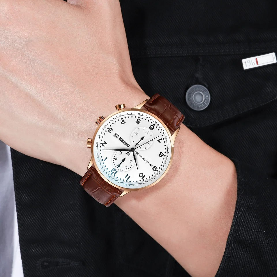 Skmei - 9301 - Classic Leather Chronograph Watch - Rosegold/Silver/Black image 2