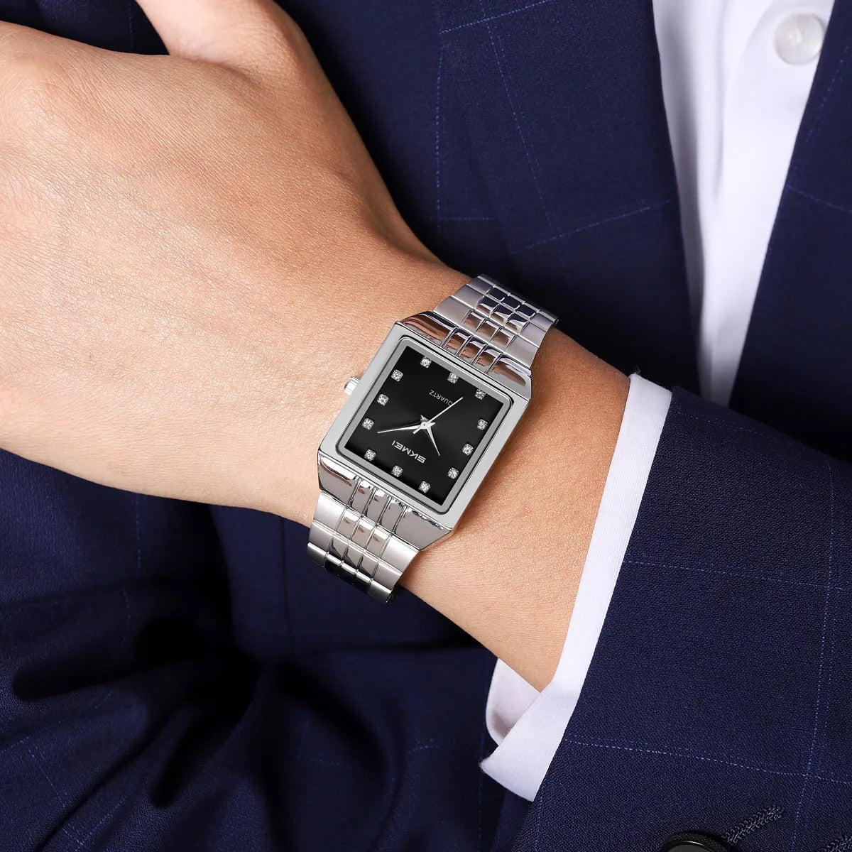SKMEI 2619 Square Analog Diamond Dial Watch - silver/black image 2