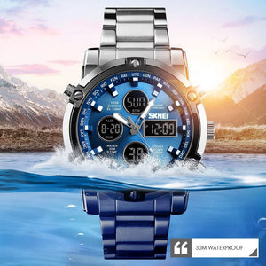 SKMEI 1389 Dual Time Analog Digital Stainless Steel Watch - Silver/Blue