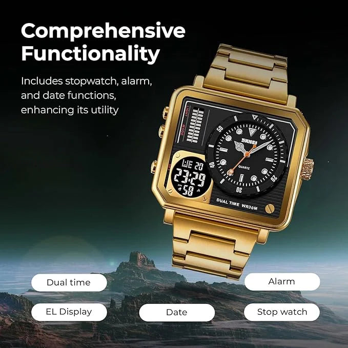SKMEI - 2025 - LED Backlight Large Screen Multi-Time Zone Waterproof Watch - Golden image 2