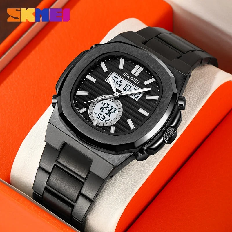 Skmei - 2279 - Dual Time Stainless Steel Watch - black-white image 3